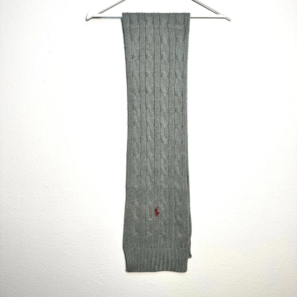 Polo Ralph Lauren Scarf Gray Cable Knit Red Pony Logo Mens Womens Accessory